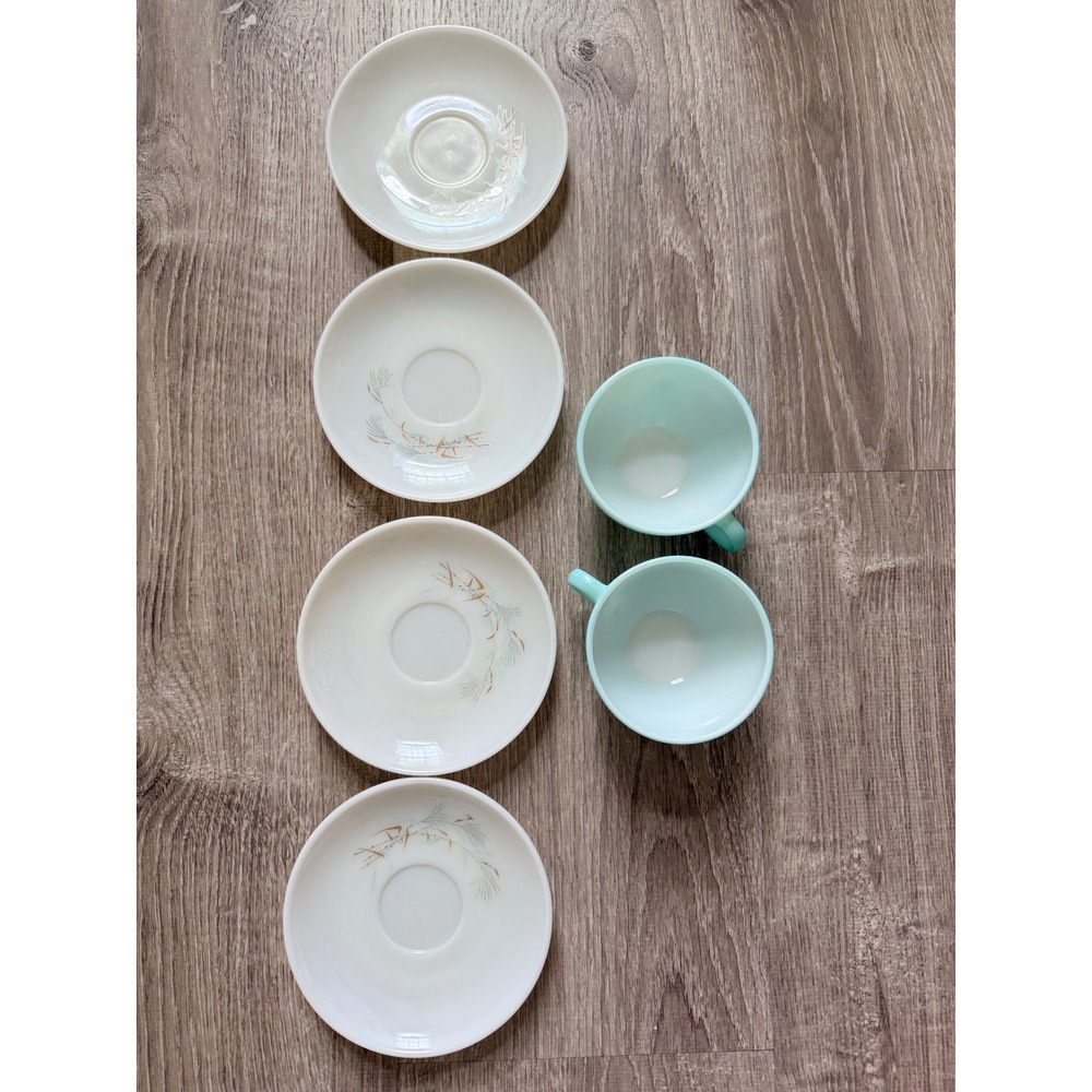 Vintage Pyrex Family Flair Aqua Cups‎ and Pine Needle Saucers Set of 6 - Picture 2 of 9